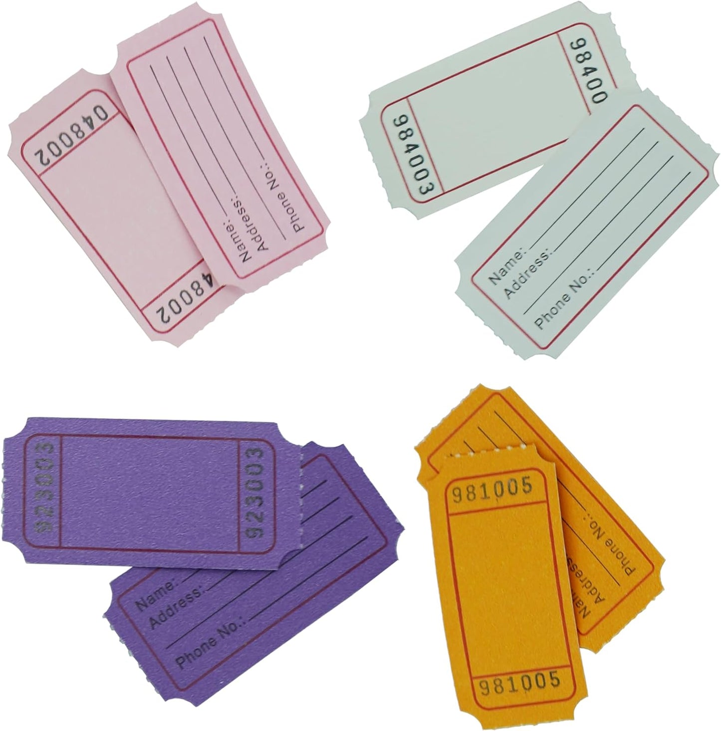 DNB 8000 Pcs Raffle Tickets - 4 Color Set of 2000 Pcs 2 x 1 Inch Single Roll Consecutively Numbered Blank Tickets - Purple/Pink/White/Orange