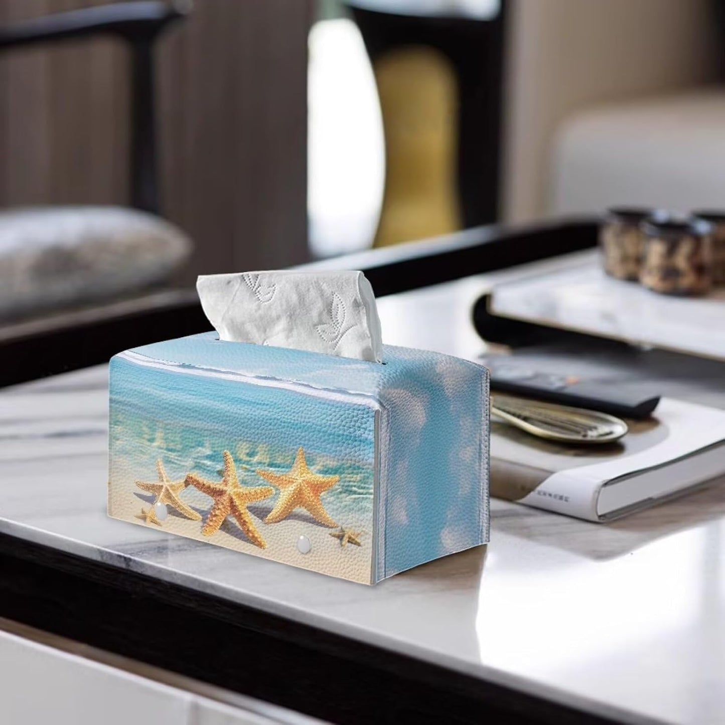Starfish Tissue Box Cover PU Leather Tissue Box Holder 9.7"x5.2"x5.12" Rectangular Protective Cover Modern Home Car Office Hotel Decor