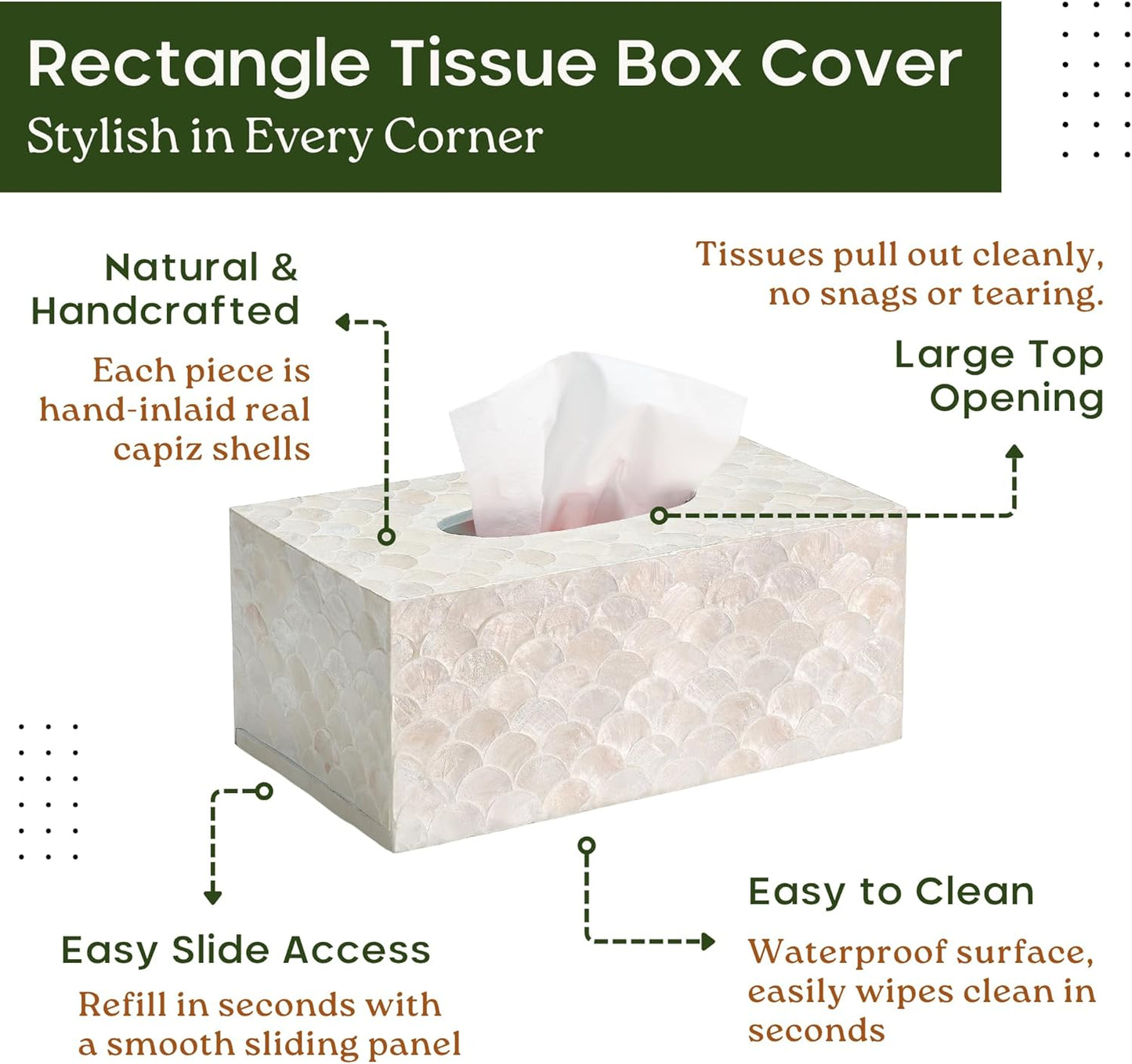 Rectangular Capiz Tissue Box Cover, Decorative Mother of Pearl Inlay Tissue Box Holder for Bedroom, Bathroom, Kitchen, and Office, Rectangle Tissue Box Cover White (10.25” x 5.9” x 4.33”)