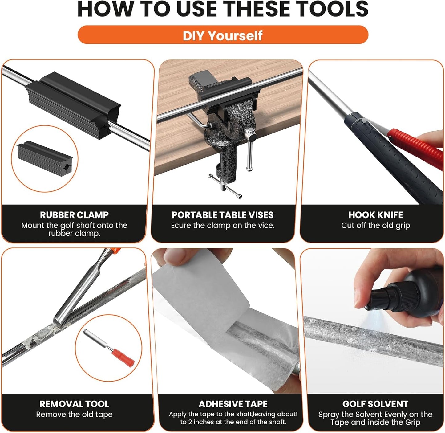 Golf Grip Kit for Regripping Golf Club, Golf Grip Removal Tool with Portable Vise Clamp, Solvent, 15 Double-Sided Tapes (2"x10"), Hook Knife & Tape Remover & Rubber Sleeve – DIY Golf Club Repair Kit