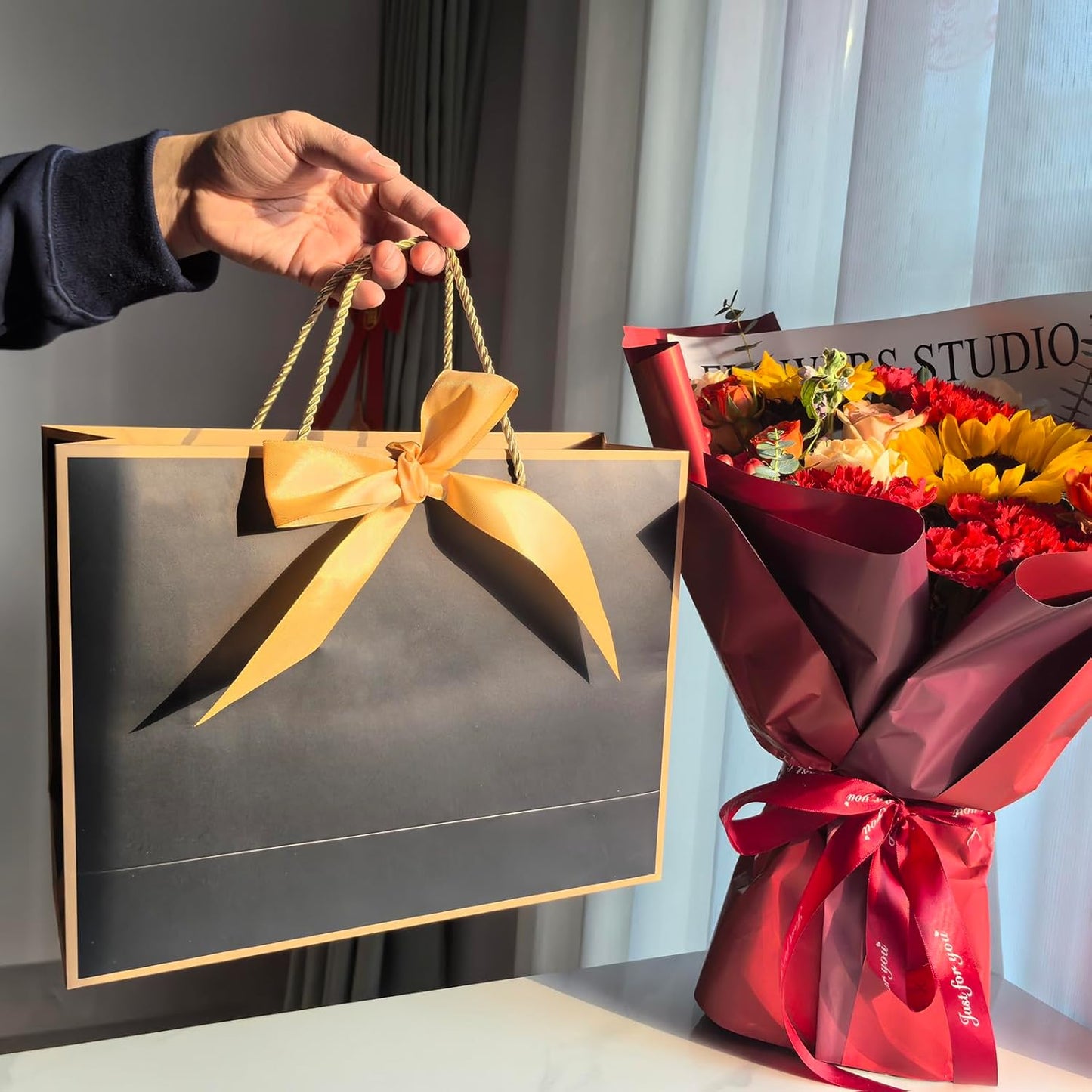 TKSBAG 12PCS Gift Bags Medium Size with Handles, 12.5 x 9.8 x 4.3 In Black Gold Thank You Bags with Bow Ribbon for Wedding, Birthday, bridesmaid, Groomsmen, Party Favors, Thanksgiving, Christmas