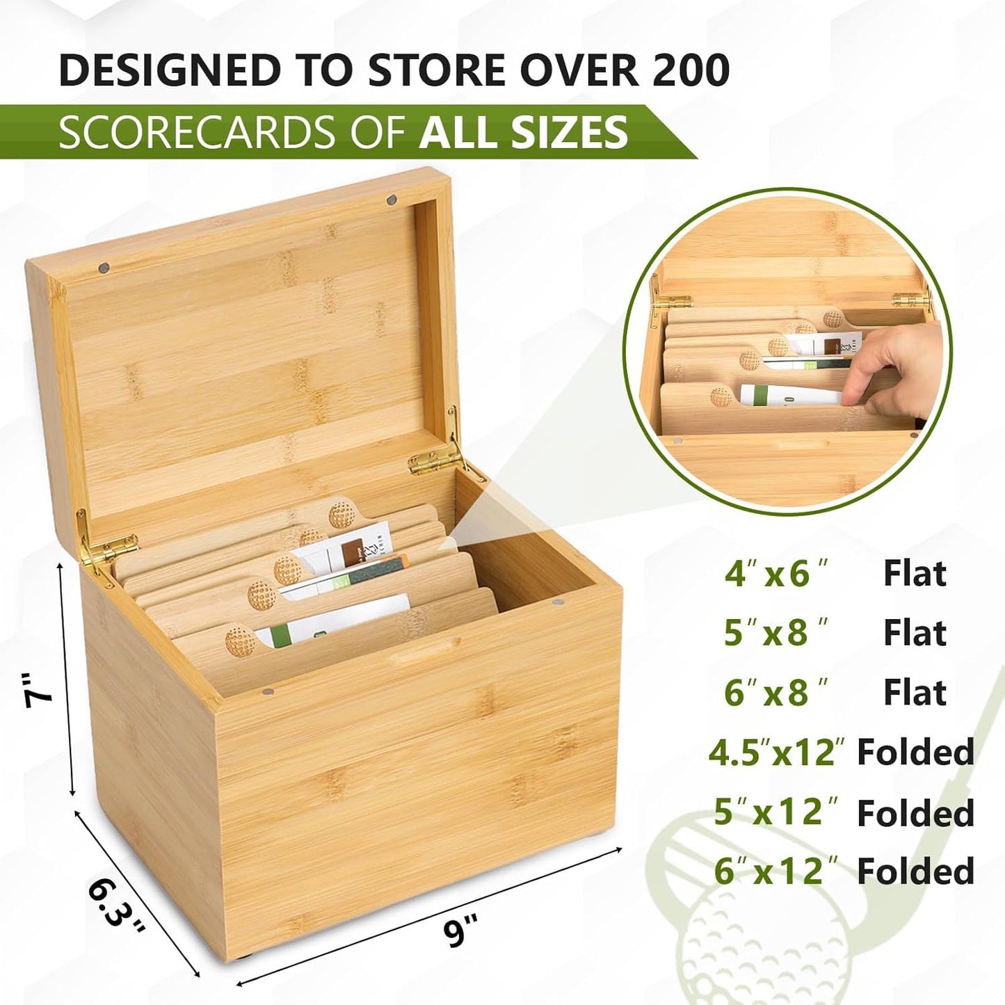 Golf Storage Box Golf Gifts - Golf Scorecard Collection Box with 5 Wooden Dividers - Golf Organizer for Scorecards, Photos, Keepsakes; Fathers Day Dad Gifts for Men from Wife (Yellow)