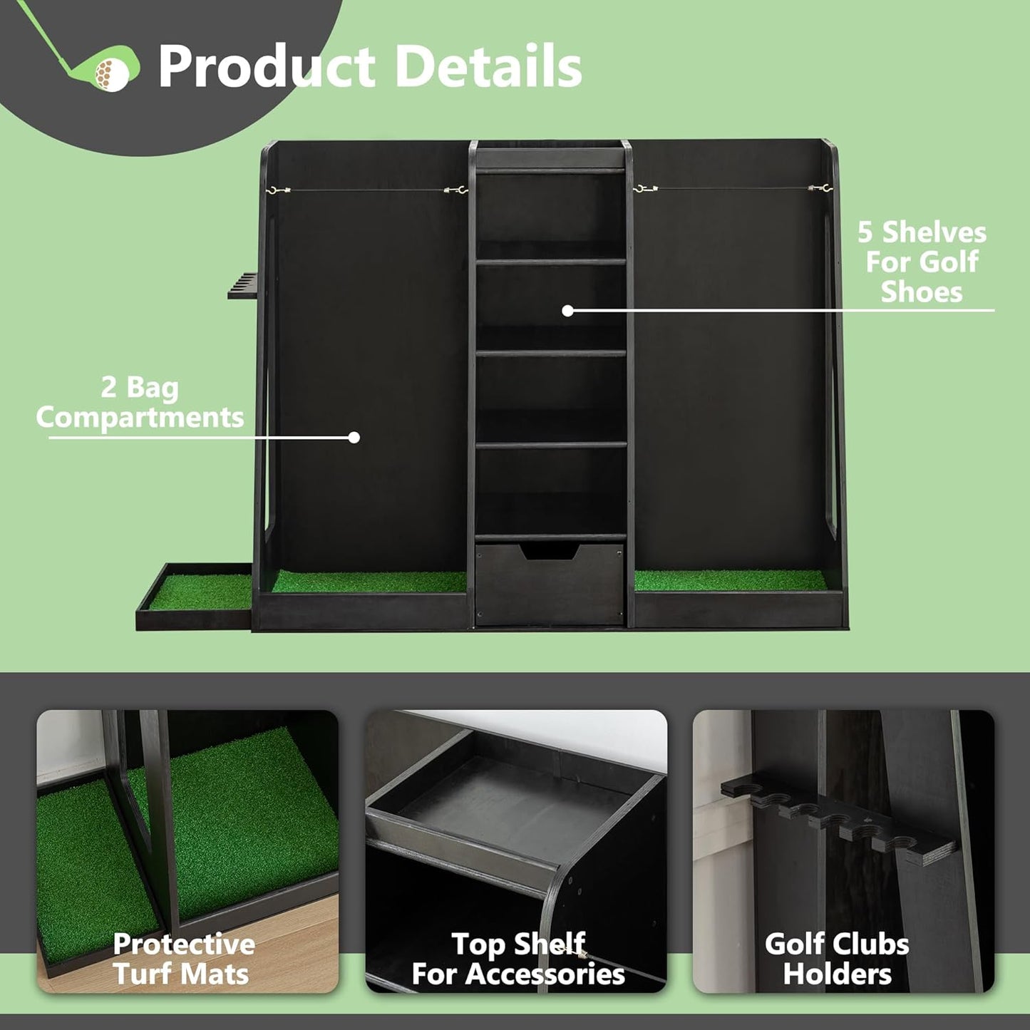 Golf Bag Organizer Storage Rack Stand Holder Fits 2 Extra Large Golf Club Bags and Multiple Golfing Equipment Accessories for Garage Home Simulator and Office