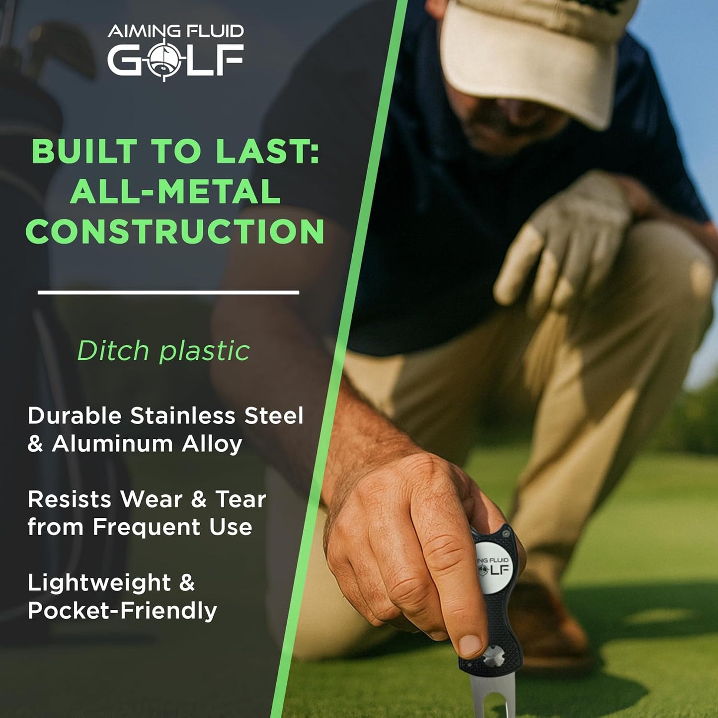 Golf Divot Repair Tool — 5-in-1 Golfing Ball Marker, Pitch Mark Repair, Putting Alignment, Club Tee, and Groove Cleaner, Accessory Metal Switchblade Design - Ideal Gift for Golfers