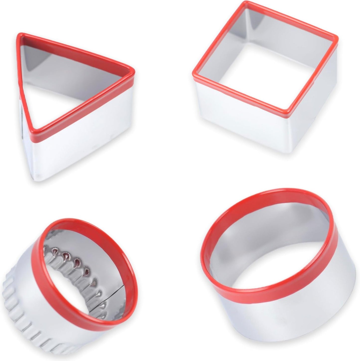 4 Pcs Cookie Cutters Set - Round Fluted Square Triangle Biscuit Cutter with Red Top Rubber Guard for Baking Scone and Circle Cookies