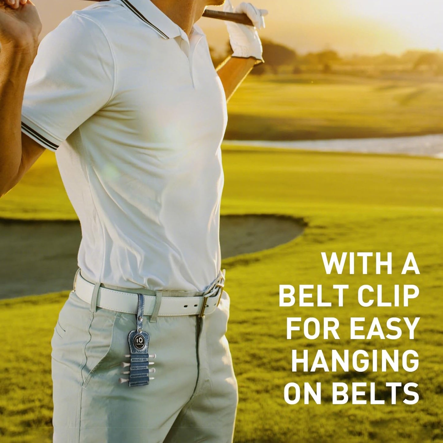 FINGER TEN Golf Tee Holder with Ball Marker and 4 Pcs Wood Tees Value 1/2 Pack, Luxury Leather Gift Hook to Golf Bag Belt Clip