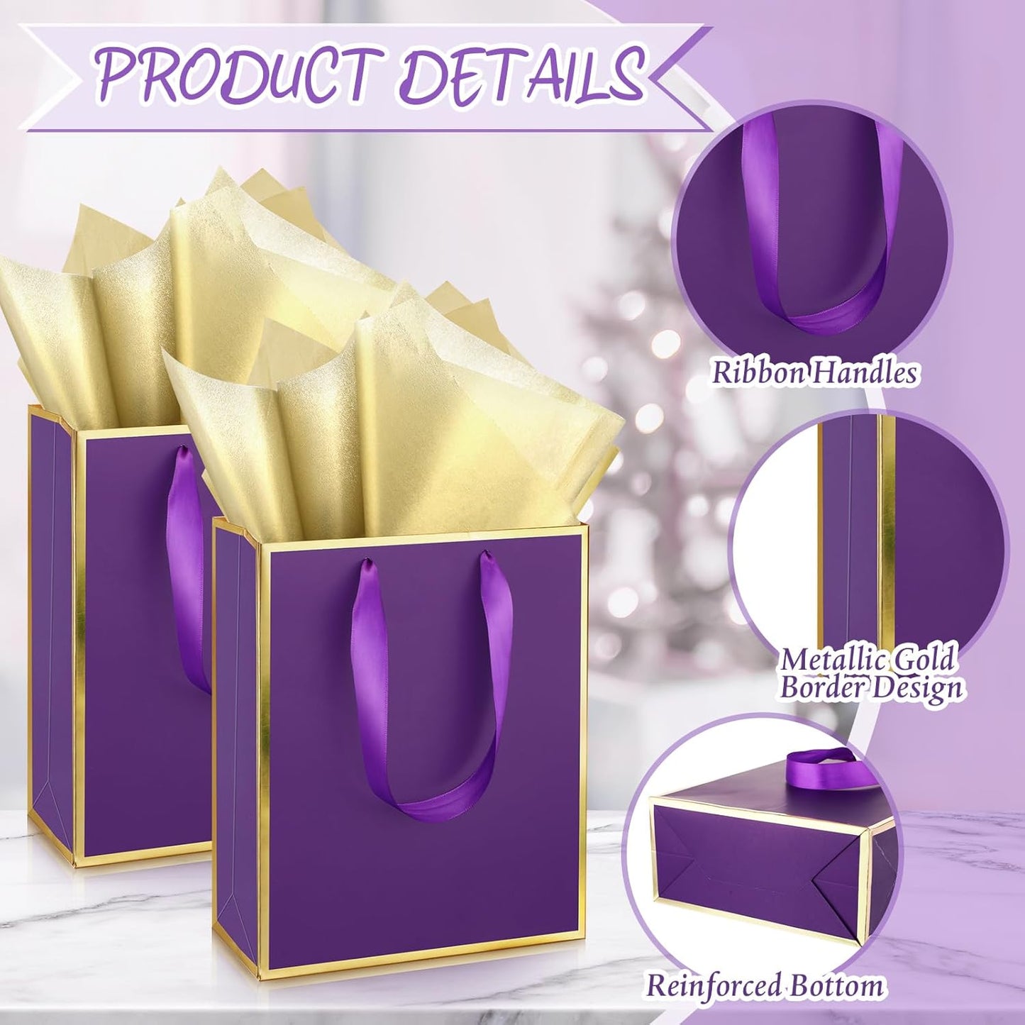 Yeaqee 24 Pack Metallic Paper Gift Bags with Handle and Tissue 9x7x3.1 Gold Foil Welcome Favor Bags Return Gifts for Wedding Fall 5 Senses Christmas Bridesmaid Birthday(Purple Gold)