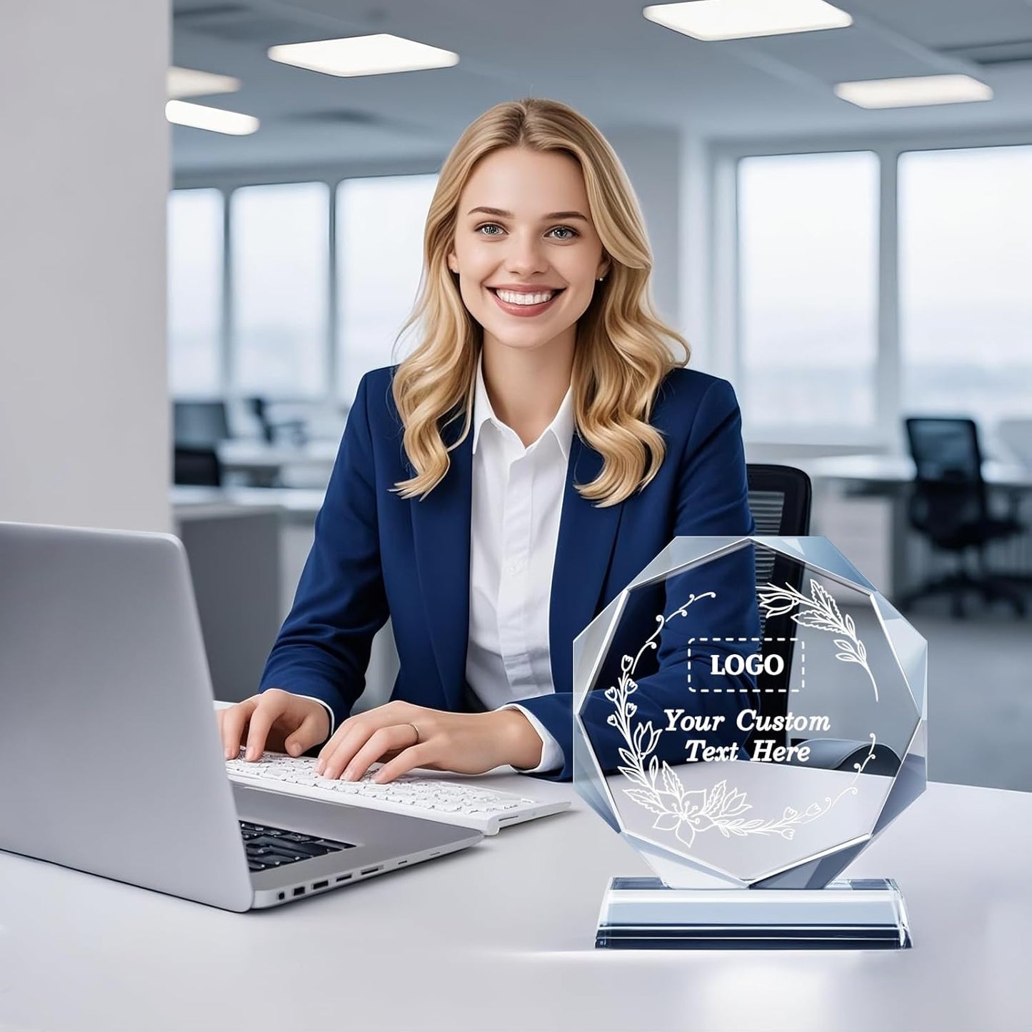 Personalized Crystal Trophy Award - Custom Plaque w/Engraved Text Logo - Employee Appreciation Gifts, Farewell Retirement Gifts - Custom Trophy and Employee Recognition Awards