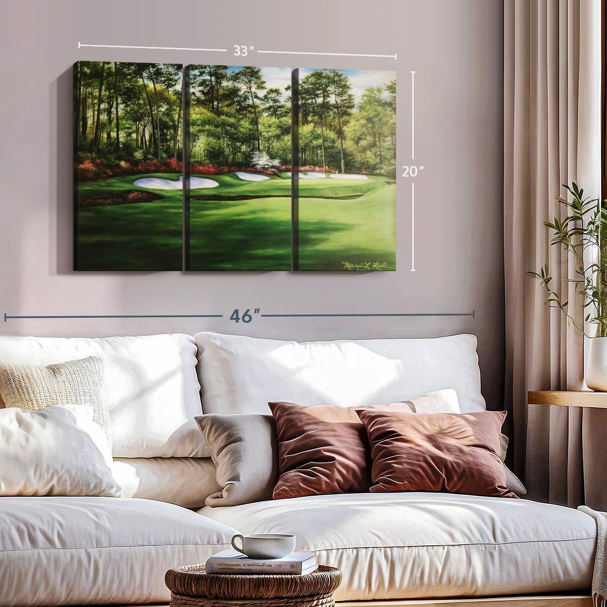 ElephantStock Augusta National 13th Hole I Wall Art - Horizontal Canvas - 3-Piece Living Room Wall Decor - Painting Sports Canvas Print - Green and Red Decor for Wall by Marci Rule - 33" X 20"