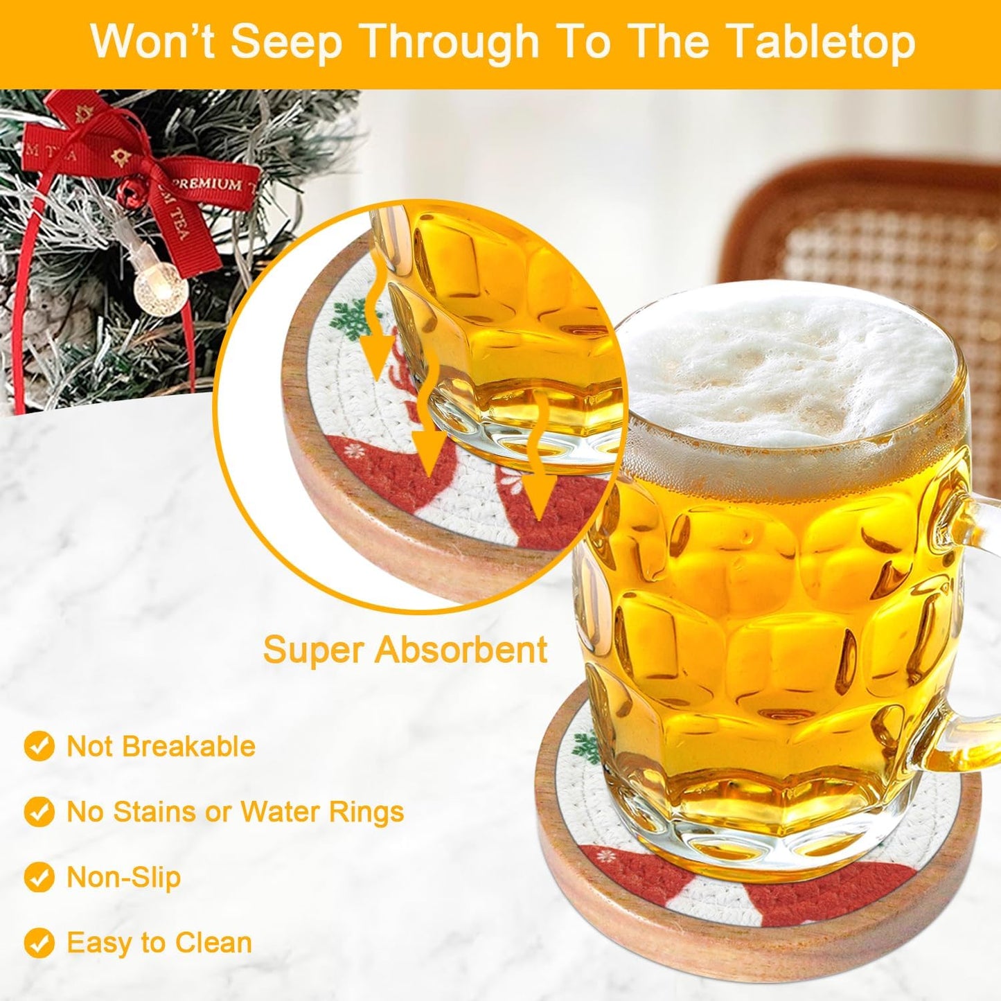 Christmas Coasters Set of 5, Eykao Wood Coasters for Drinks, for Home Decor, Absorbent Coaster for Hot or Cold, Non-Slip, Non-Stick, 4 inches