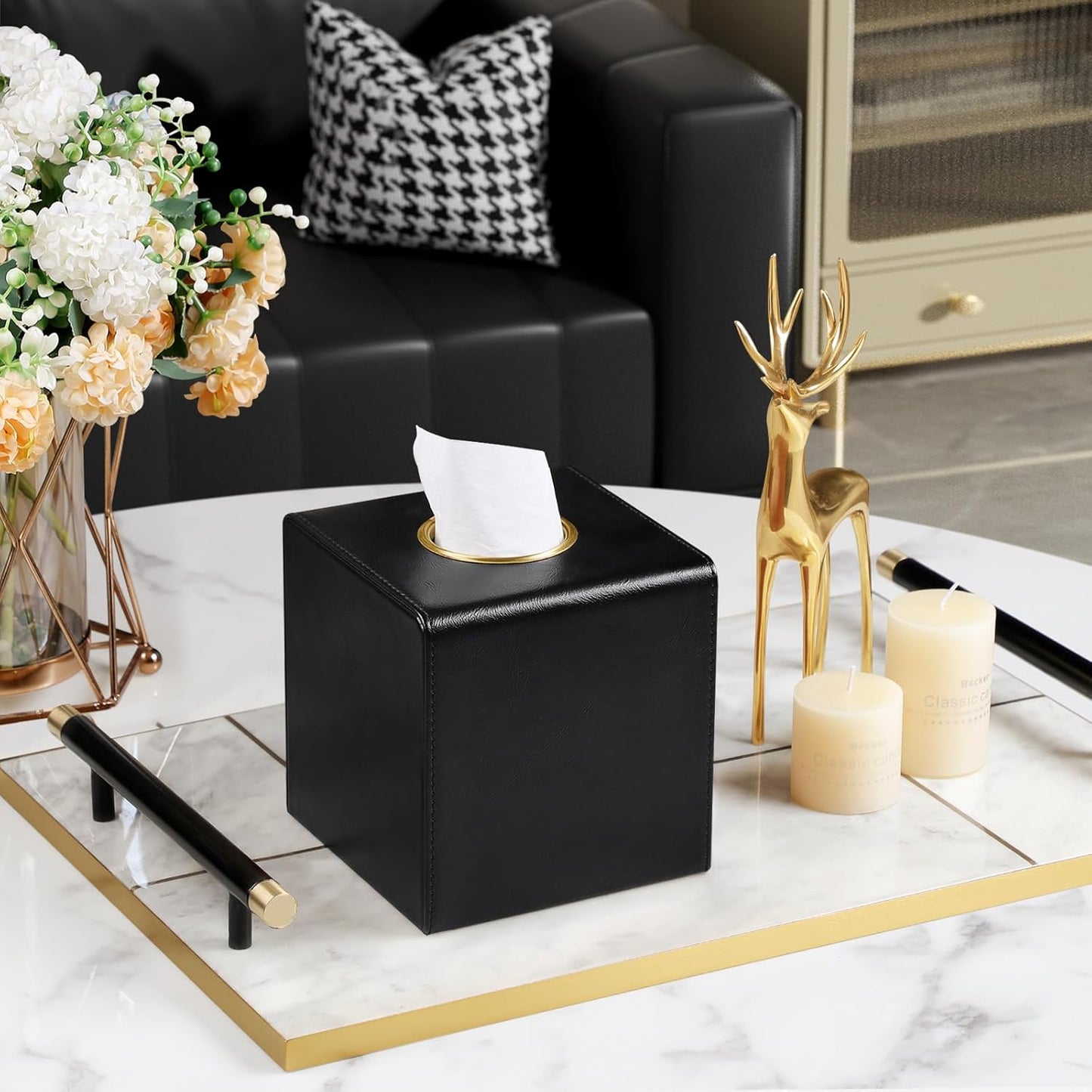 Square Tissue Box Cover, Luxury PU Leather Tissue Holder with Magnetic Closure (Black)