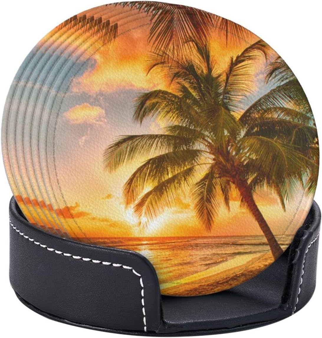 Sunset Palm Tree Tropical Beach Coasters for Drinks Round Leather Coaster with Holder Set of 6 for Tabletop Protection Desk Accessories Office Home Room Decor