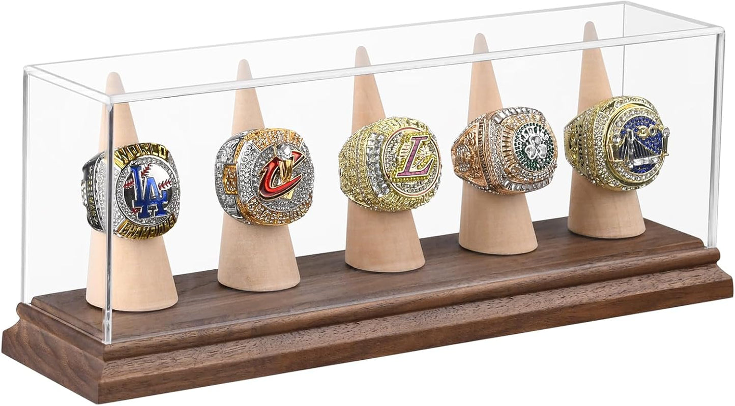 Championship Ring Display Case Baseball Softball Football Ring Holder for 5 Rings Wanult Wood Base Acrylic Sports Ring Display Case Stand for Men Wooden Ring Box for Women Memorabilia Showcase Cube