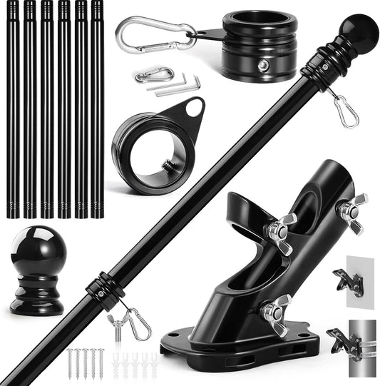 Anovo Flag Pole Kit- Stainless Steel 7 FT Flag Poles with1 Inch Metal 360° Rotating Flag Pole Rings Clip, Two-Position Flag Pole Holder Brackets Mounting for Outside House Outdoor Porch (7 FT - Black)