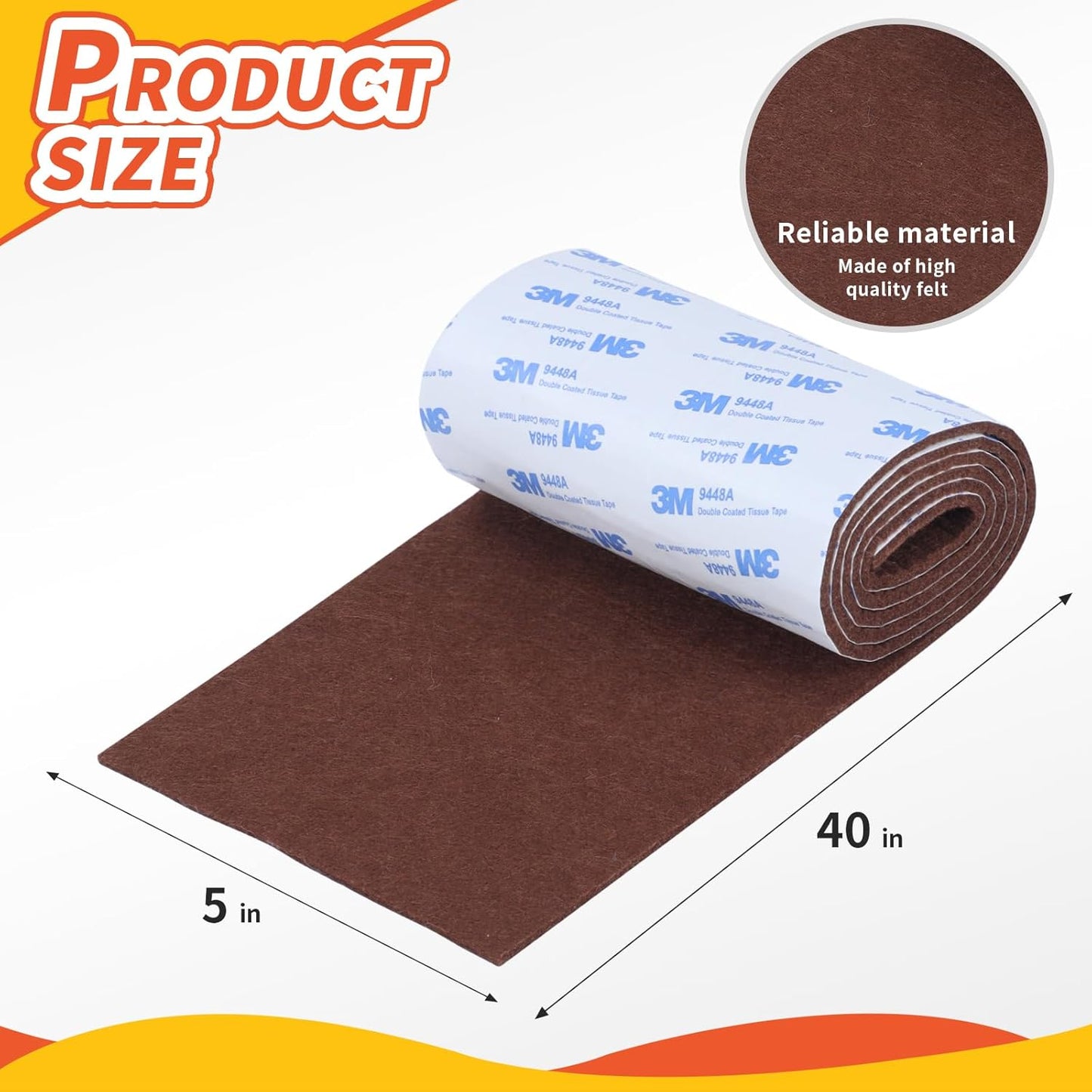 Felt Furniture Pads, Non Slip Self Adhesive Cuttable Felt Tape Brown Heavy Duty Felts Strip Roll for Protecting Hardwood Floors Chair Wall Protector (40 x 5 x 0.12 Inch, 2 Pack)