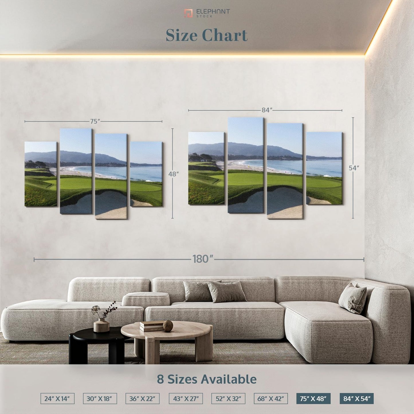 Elephant Stock Monterey CA Golf Course Wall Art - Horizontal Canvas - 4-Piece Living Room Wall Decor - Photography Sports Canvas Print - Blue and Green Decor for Wall - 75" X 48"