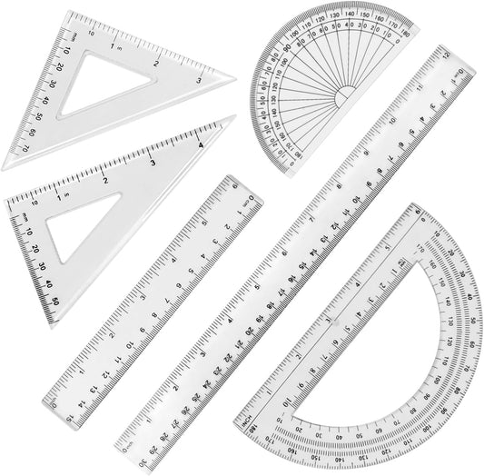 Plastic Clear Ruler Math Set, 2 Protractors 180 Degree 2 Triangle Rulers 45 | 60 Degree 2 Straight Rulers 5.9" | 11.8" Long, Drafting Ruler Geometry Ruler Measuring Tool for School Office Home Supplie