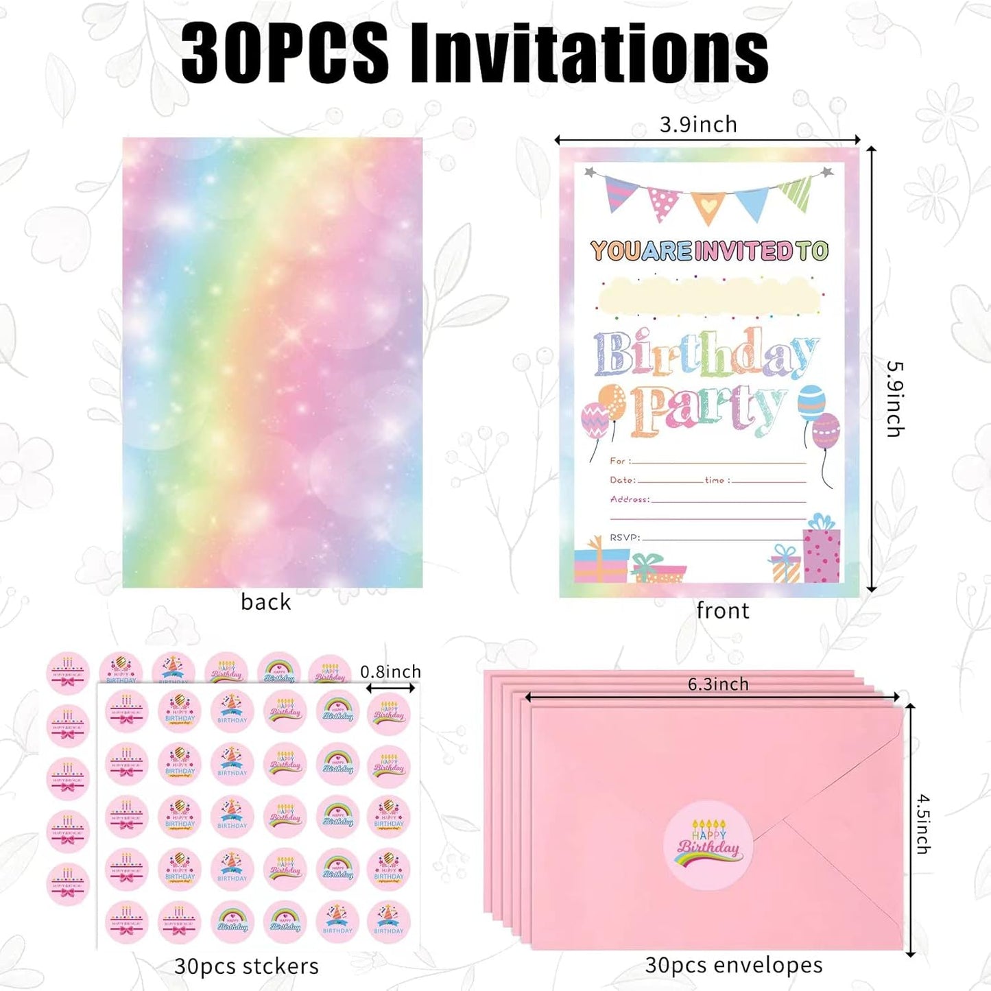 Idealmuzik 30 Pack Birthday Party Invitations for Girls with Envelopes and Sticker, Cute Birthday Party Invitations Cards for Kids, Party Decorations Supplies for Baby Shower Birthday Party