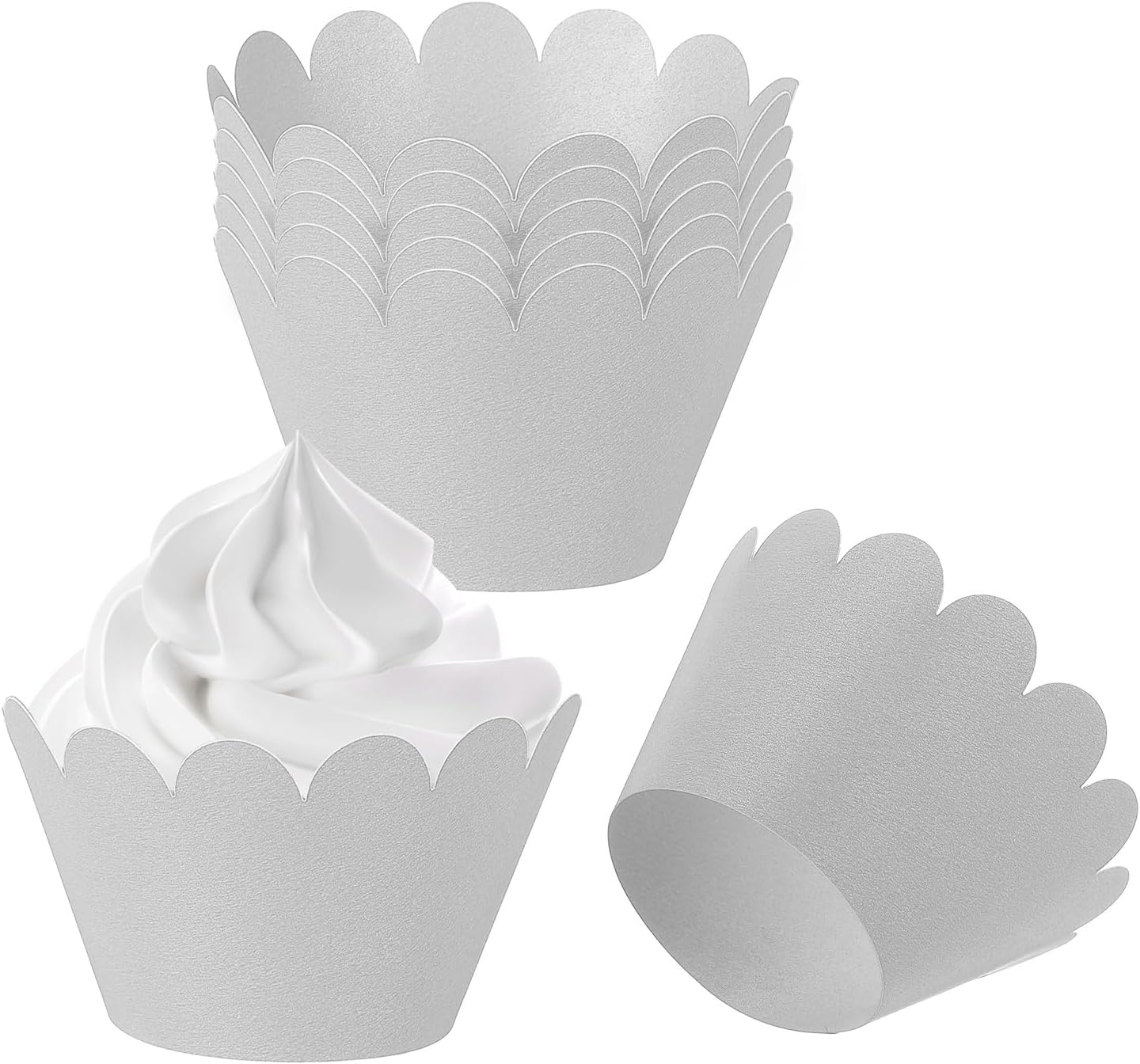 PATIKIL Cupcake Wrappers Paper, 50 Pack Baking Cups Standard Wave Decoration for Anniversary Birthday Weddings and Parties, Silver/Grey