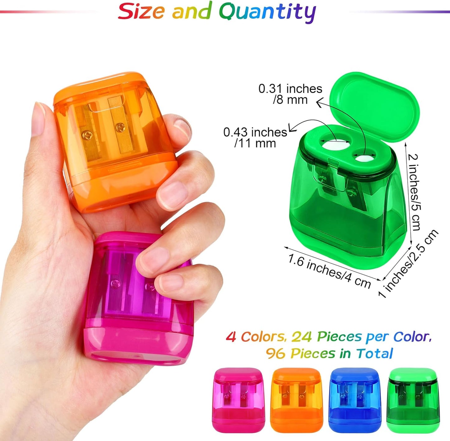 Aodaer 96 Pieces Manual Pencil Sharpeners Dual Hole Compact Sharpener with Lid for Kids Pencil Sharpener in School, Office, Home Mixed 4 Colors