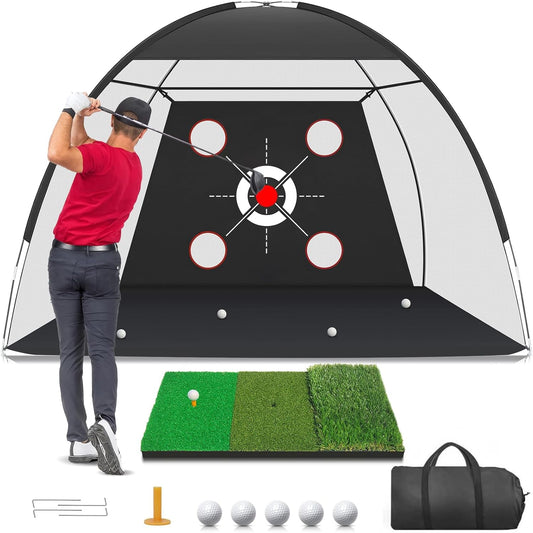 Golf Net, 10x7FT with Golf Practice Mat, Hitting Aid Nets for Backyard Driving Chipping Training Swing with Targets Outdoor or Indoor– Gifts for Men/Dad/Him