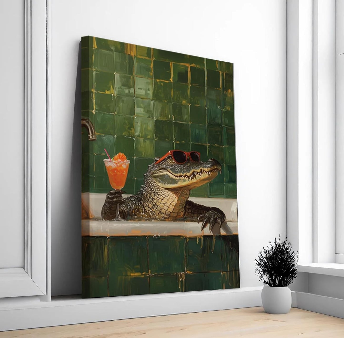 Animal Bathroom Wall Art Funny Crocodile Painting Picture Wall Decor Crocodile Sitting in The Bathtub Drinking Cocktails Poster Print Artwork for Toilet Bathroom 12x16 Inch Framed