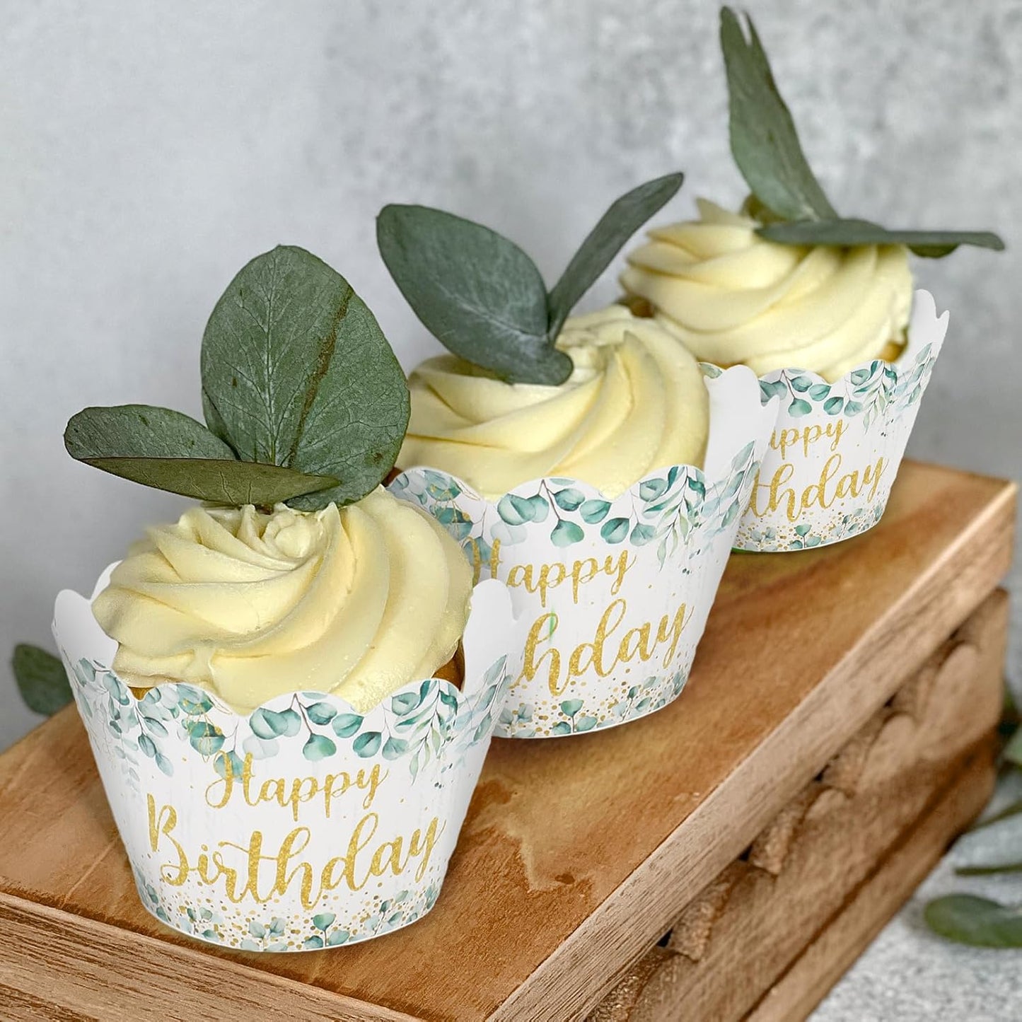 Whaline 36Pcs Happy Birthday Cupcake Wrappers Sage Green Eucalyptus Cupcake Liners Glitter Gold Birthday Decorative Cupcake Holders for Baby Shower Party Cake Decoration