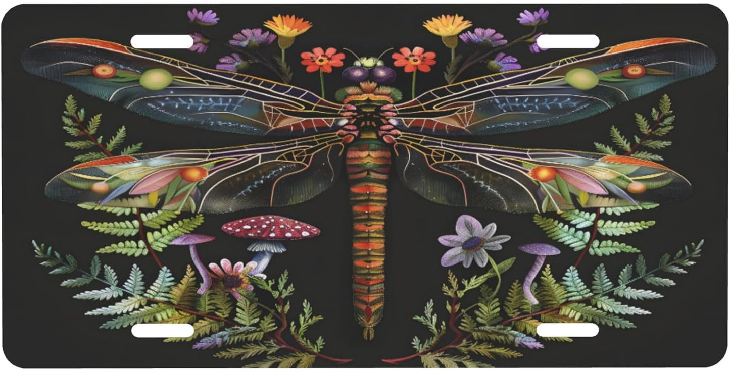 Animal Flower Dragonfly License Plate Funny Aluminum Front License Plates Decorative Waterproof Rust-Free Metal Car Plate Covers for Women Men Car Tag Accessories fit Truck SUV Rv 12 X 6 in