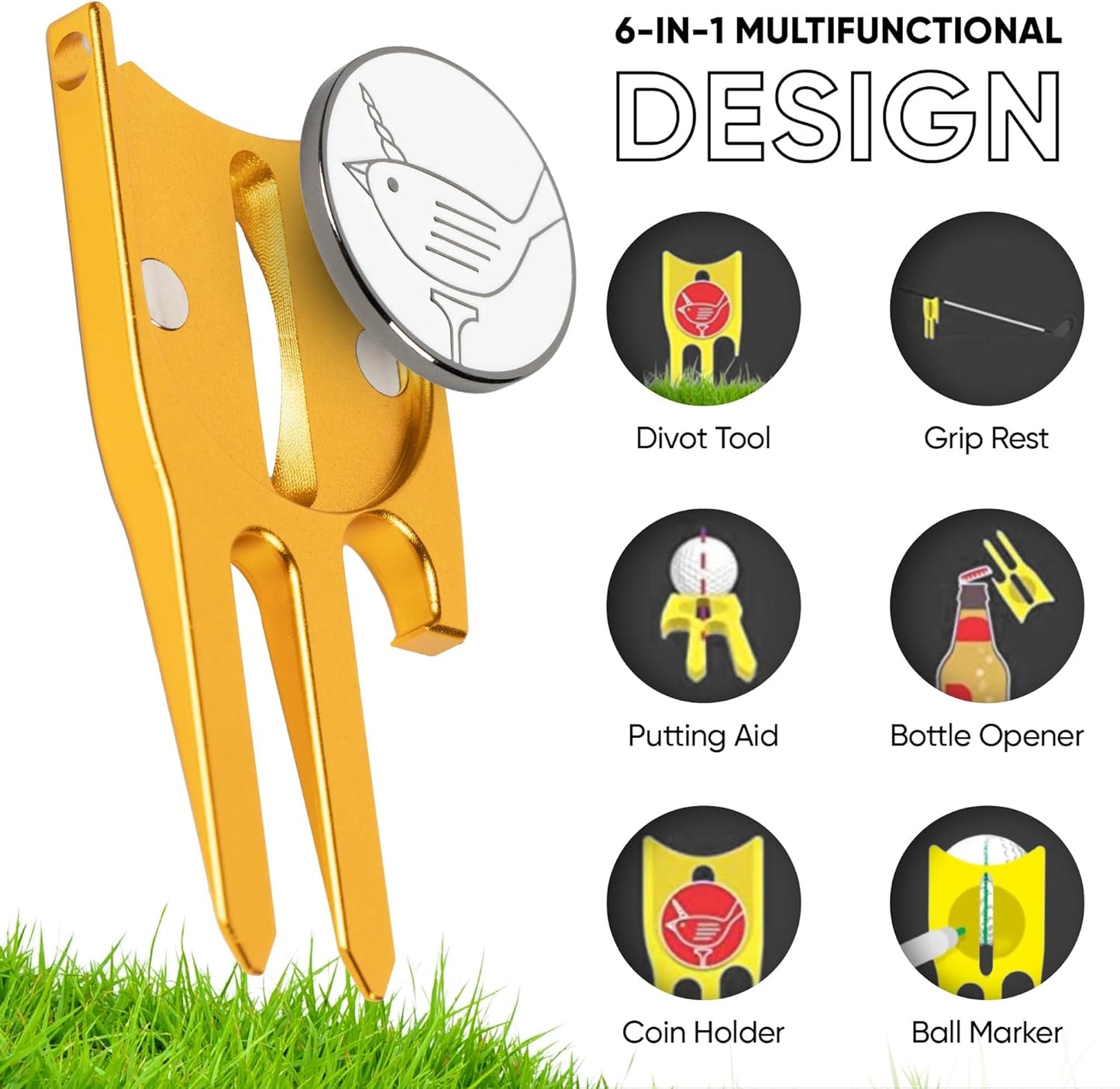 Birdicorn Golf Divot Repair Tool & Golf Ball Marker 6-in-1 Golf Divot Tool