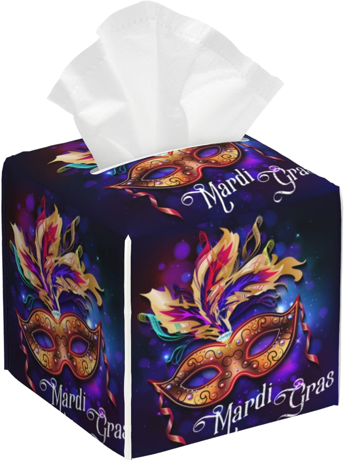 Tissue Box Cover Square,Mardi Gras Mask Tissue Box Holder Waterproof Leather Facial Paper Case Modern Home Decoration for Bedroom Dresser Night Stand Office Desk