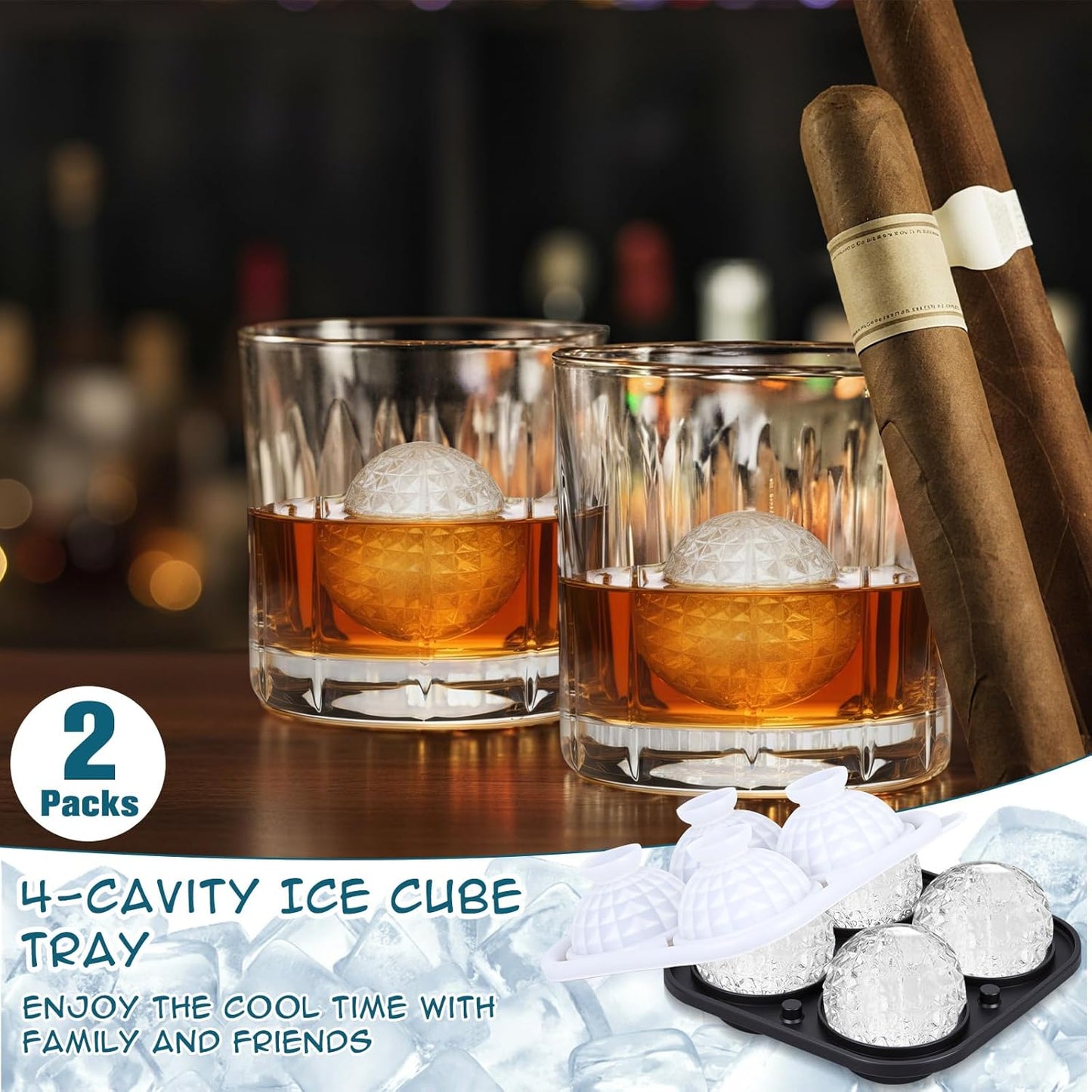 Hoolerry 2 Pcs Silicone Ice Cube Tray Large Square Sphere Golf Ice Tray 4 Hole Fun Shapes Big Ices Cube Mold with Funnel for Whiskey Cocktails Bourbon Chilling White Elephant Gifting(Round)