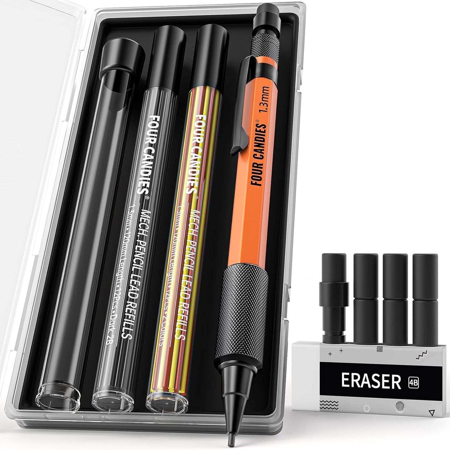 Four Candies 1.3mm Mechanical Pencil Set with 24 Lead Refills, Metal Weatherproof Heavy Duty Outdoor Carpenter Pencil, Eraser, 6 Eraser Refills for Architect Drafting Woodworking Marking with Case