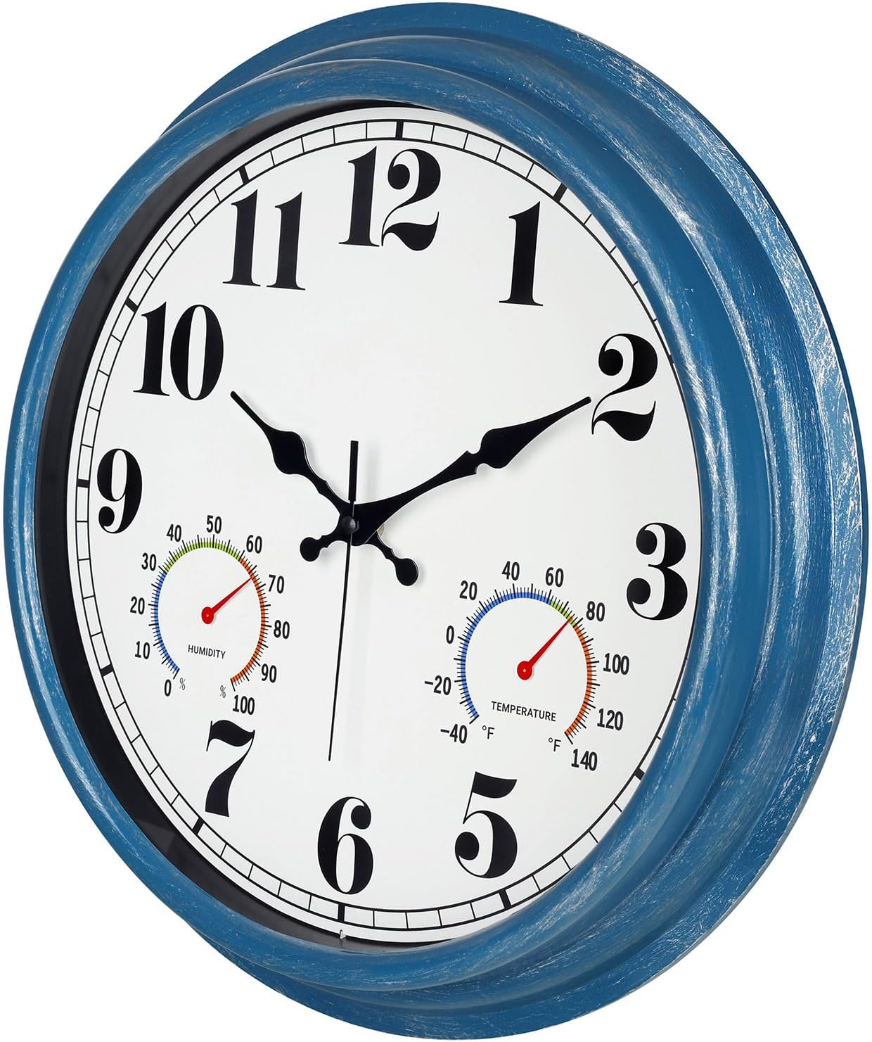 JENLYSTIME 16 Inch Blue Vintage Waterproof Indoor/Outdoor Wall Clock with Thermometer & Hygrometer, Large Numerals & Silent Sweep Movement - Ideal for Porch, Garden, Pool, Bathroom