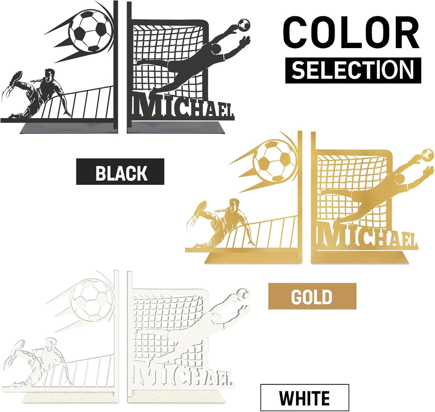 Personalized Metal Book Ends for Shelves 2 Pcs, Custom Soccer Theme Decorative Bookends with Name, Non-Slip Book Stopper, Desk Book Organizer, Black Book Holders for Home Office, Gifts for Men