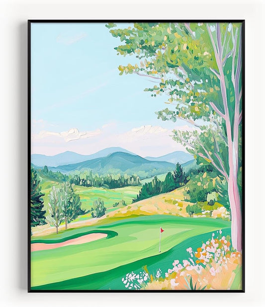 Golf Course Floral Pastel Art Print Posters - Premium Giclee Fine Art Prints - Golf Course Home Decor Posters, Golfer Art Prints for Home and Office Decor - Vintage Aesthetic, Ready to Frame