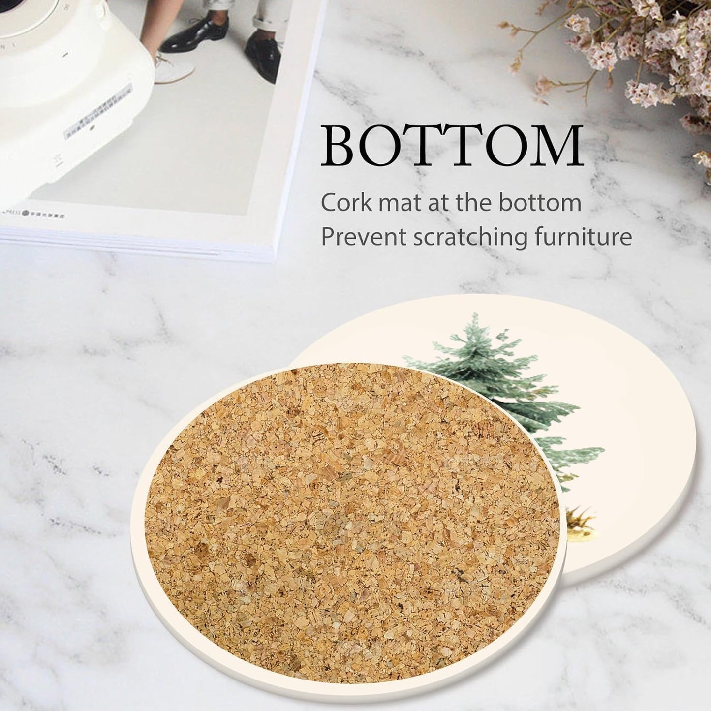 Boho Set of 6 Coasters for Drinks Absorbing Round Ceramic Stone Coaster with Cork Base,Tabletop Protection Mat for Mugs and Cups,Office,Kitchen (Forest)