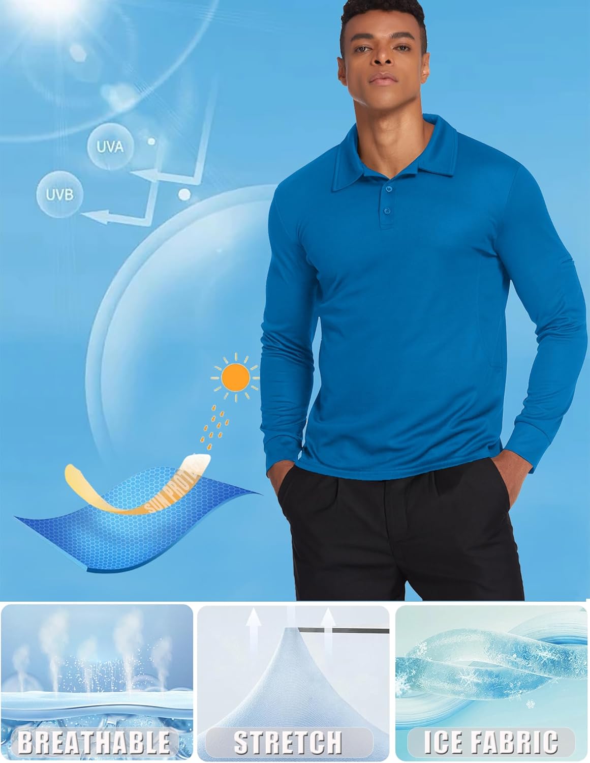 Deyeek Men's Polo Shirts Long Sleeve Golf Polo Shirts for Men Quick Dry UPF 50+ Sun Protection Polos Casual Collared Shirts