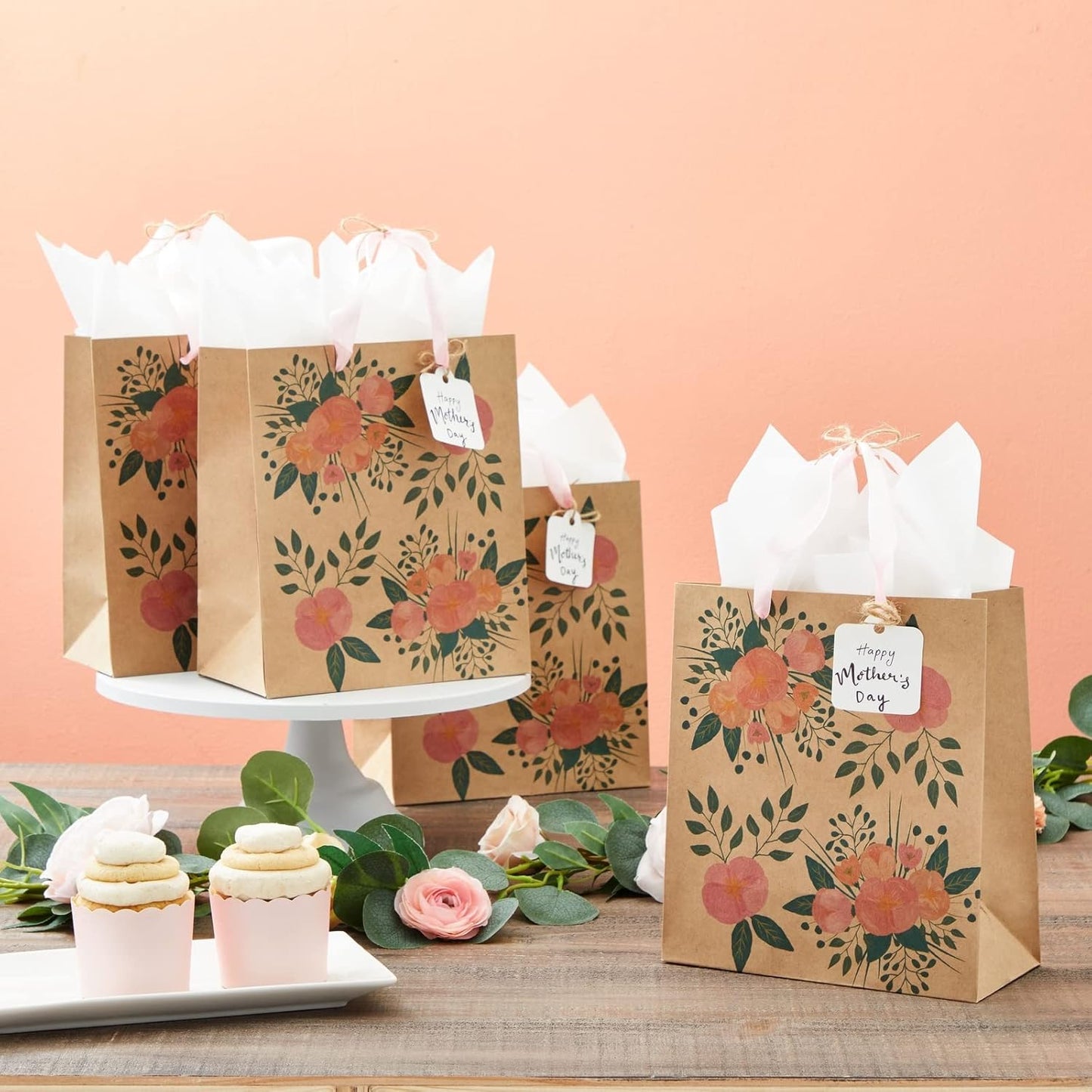 Juvale Floral Gift Bags - 8 x 4 x 9 in - Pink Ribbon Handles - Durable Paper with Reinforced Bottom - For Party Favors & Return Gift Bags