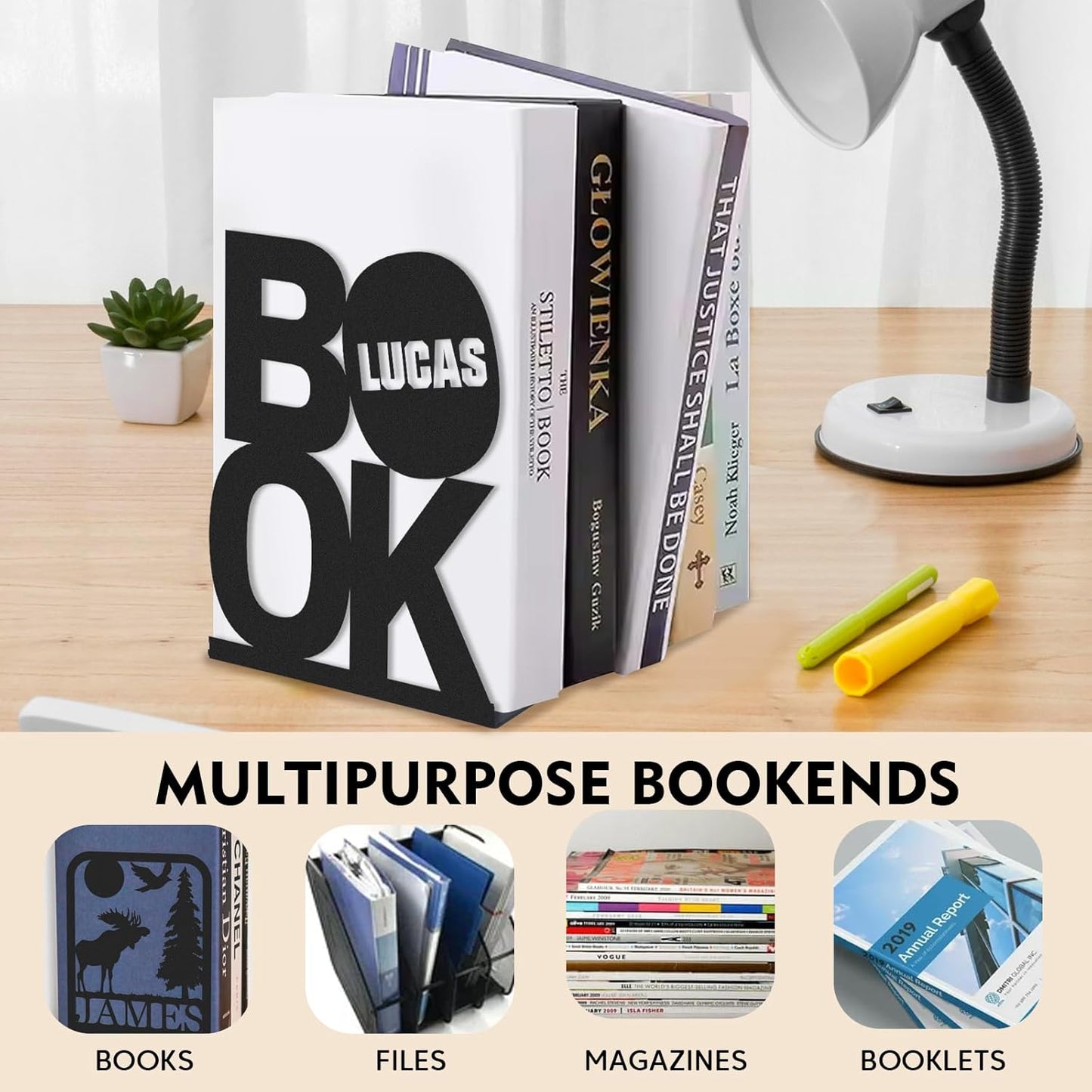 Personalized Name Metal Book Ends 2 Pcs, Unique Bookends for Shelves Room Decorative, Heavy Duty Metal Bookends, Non-Slip Book Stopper, Book Shelf Holder for Home Office Study Room, Book Lovers Gifts