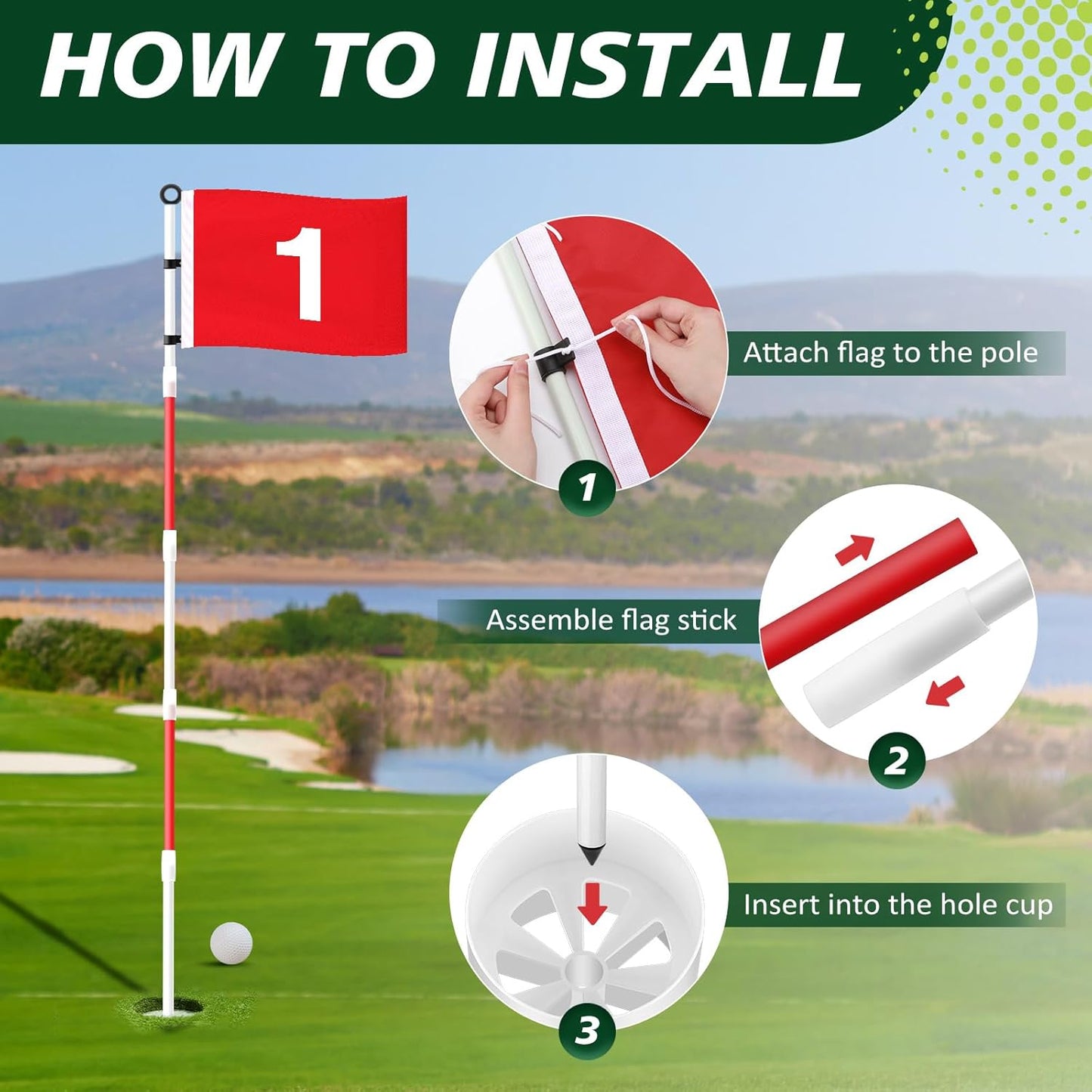 Golf Flagstick 6ft, Golf Pin Flag Hole Cup Set Putting Green Flags and Poles Numbered Golf Flags for Driving Range Backyard, Portable 5 Section Design for Golf Practice, Gift Idea