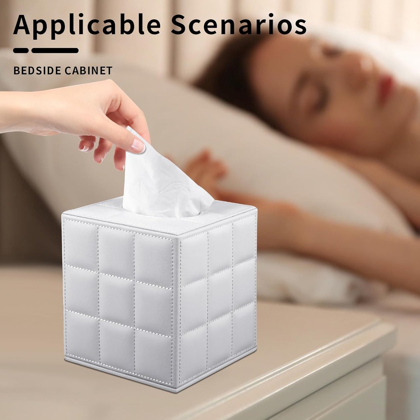 Tissue Box Cover Square Tissue Box Holder PU Leather Facial Organizer with Magnetic Bottom,Decorative Napkin Caddy for Vanity Dresser Night Stand Table Countertop Home Office Car,White