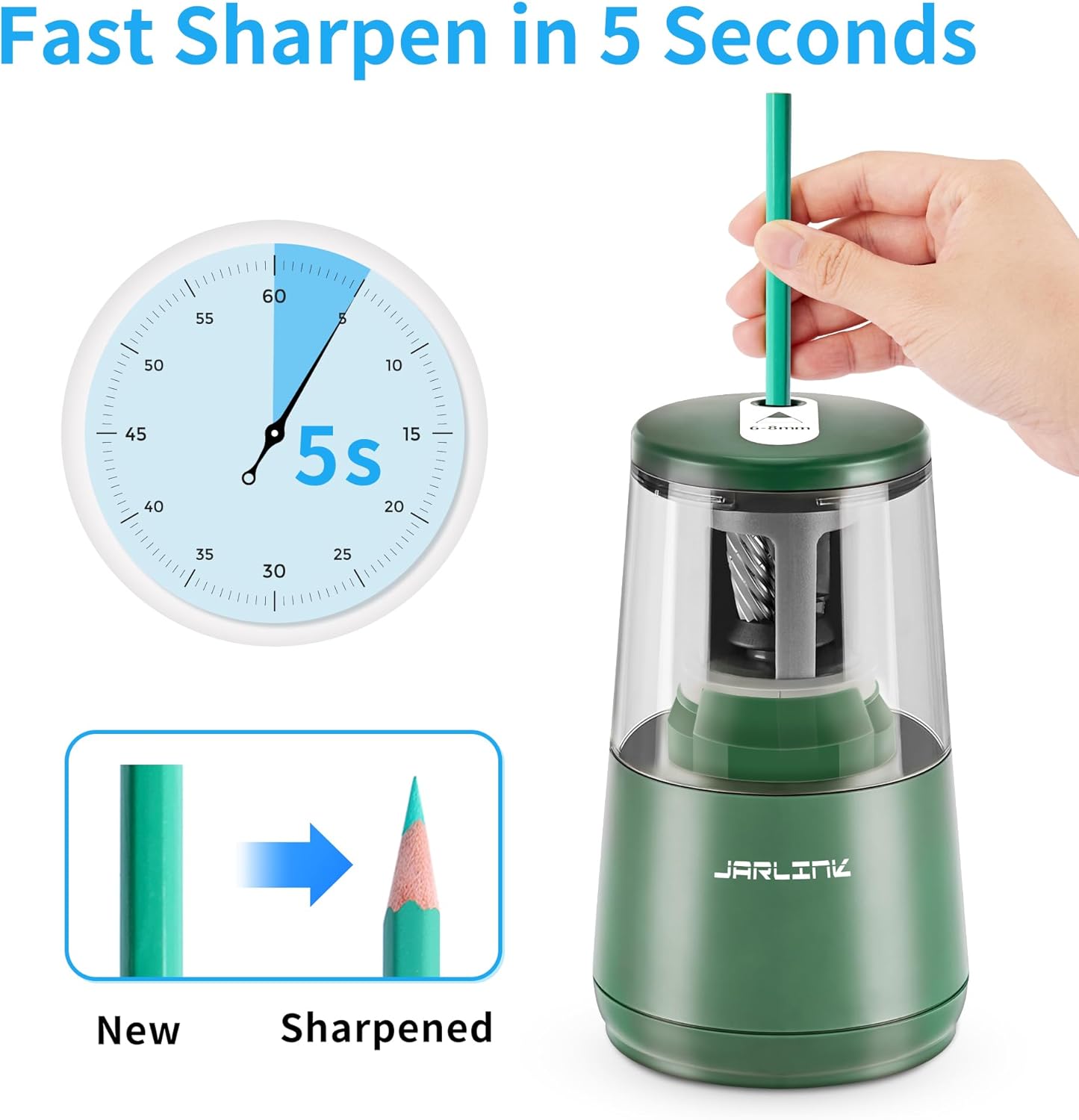 JARLINK Electric Pencil Sharpener, Heavy-Duty Helical Blade to Fast Sharpen, Auto Stop for No.2/Colored Pencils(6-8mm), AC Adapter/Battery Operated in School Classroom/Office/Home (Green)