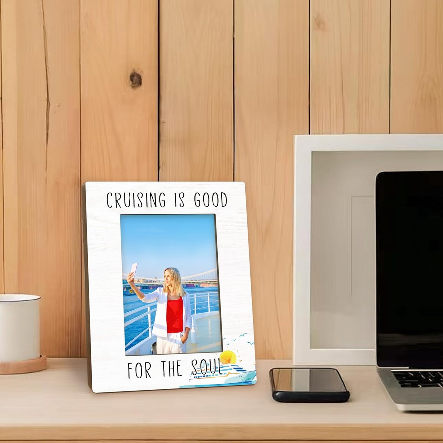 Cruise Gifts Picture Frame 5x7, Cruising Holiday Decor Photo Frame, Beach Travel PictureFrame for Friends, Cruising is Good for the Soul Wooden Picture Photo Frames for Desk Home Room Decor