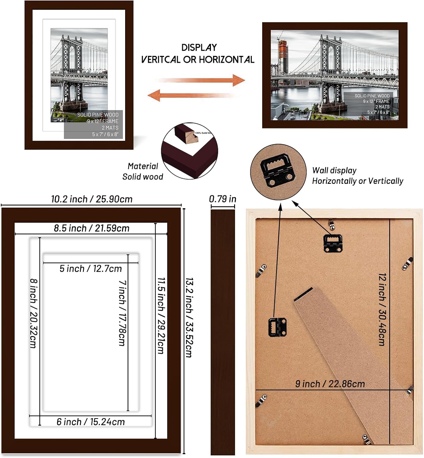9x12 Picture Frames Solid Wood Display Pictures 6x8 or 5x7 with Mat, 9x12 Frame without Mat for Wall Mounting or Table Top (Brown)