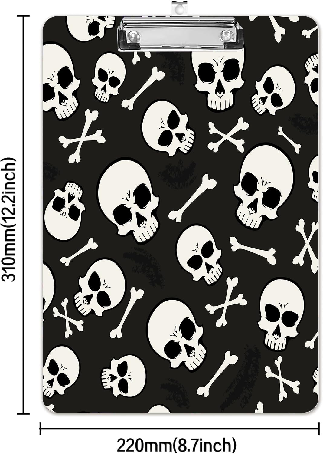Fashion A4 Clipboard, Standard Letter Size 9" x 12.5", Decorative Wooden Clipboard with Low Profile Metal Clip for Office, School, Teachers, and Students, White Black Skull
