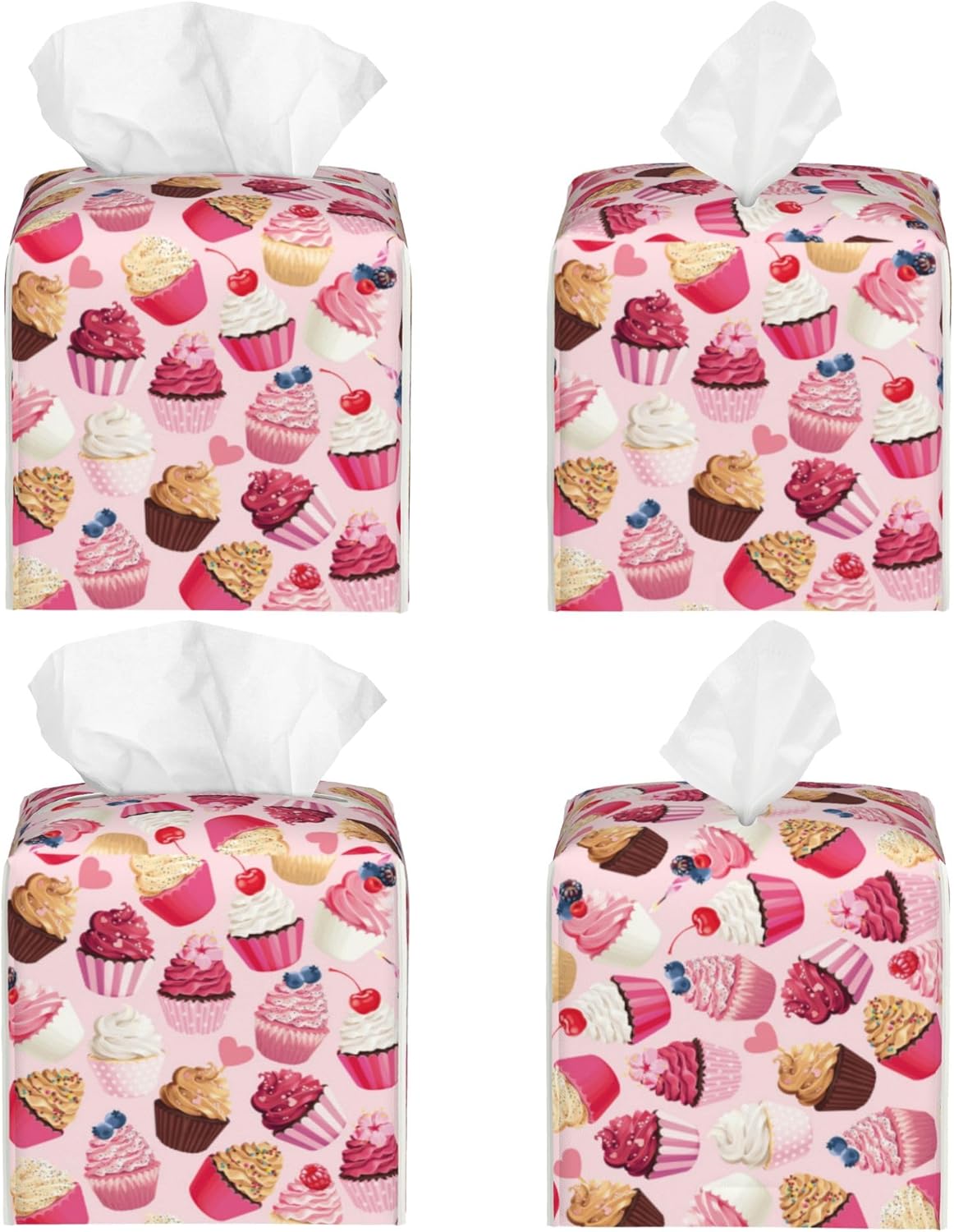Tissue Box Holder Delicious Cupcakes Tissue Box Cover Square Leather Tissue Holder Organizer Portable Decorative Facial Paper Case for Home Office Bathroom Vanity Countertop