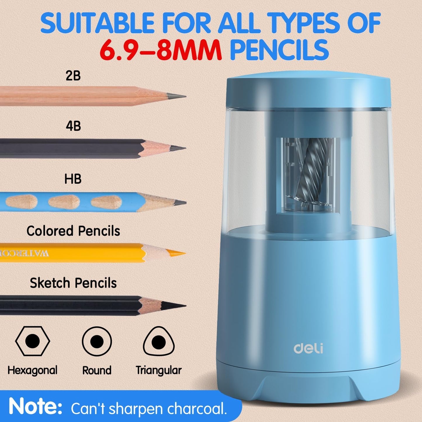 Deli Electric Pencil Sharpener, Automatic Pencil Sharpeners for No.2 Pencils Colored Pencils, Auto Stop, USB & Battery Operated for Kids, Students, Classroom, Home and Office, Blue