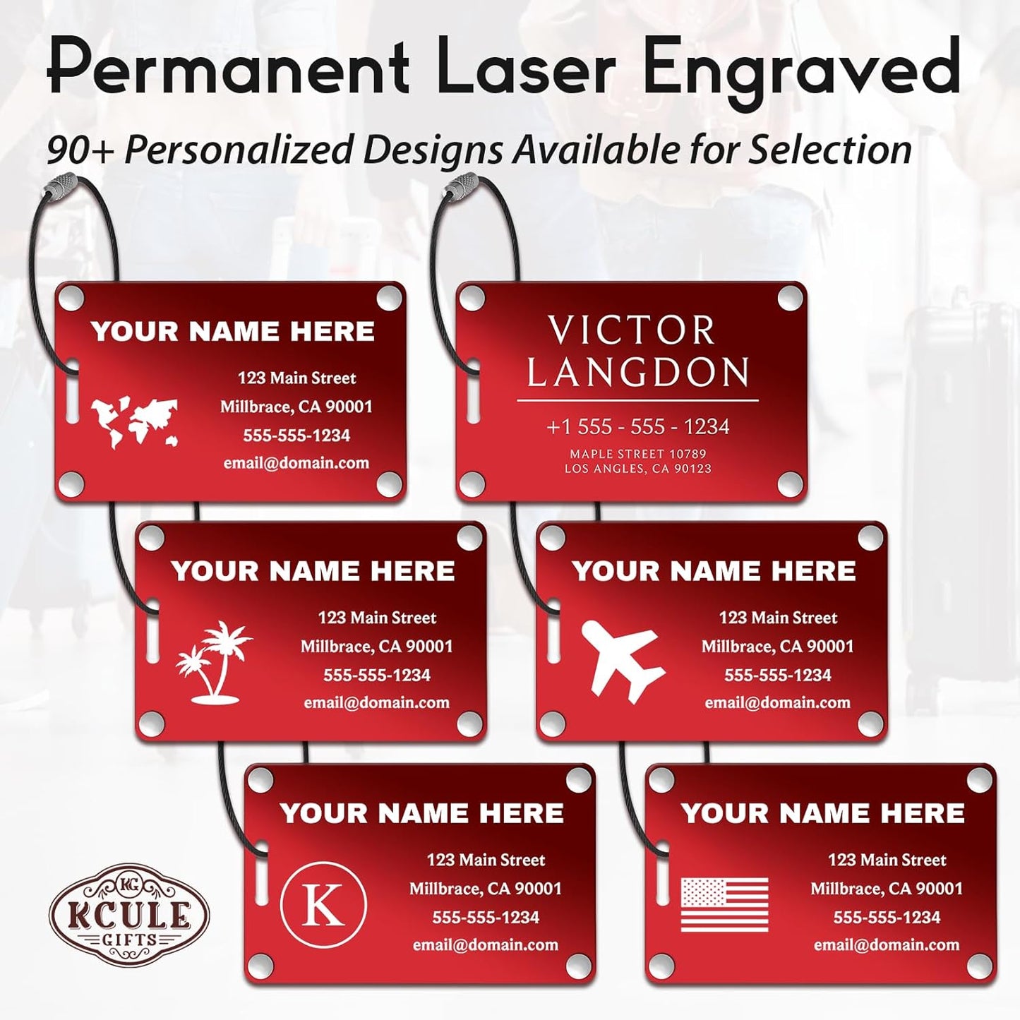 Personalized Metal Luggage Tags for Suitcases, Backpacks and Bags with Your Personalized Text (Red)