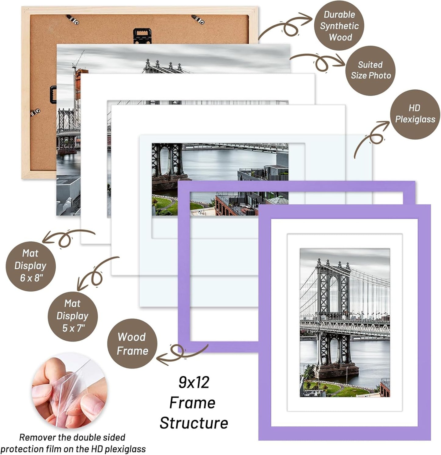 9x12 Picture Frames - Solid Wood Frame for 6x8 or 5x7 Photos with or without Mats for Wall Mounting or Table Display (Purple)