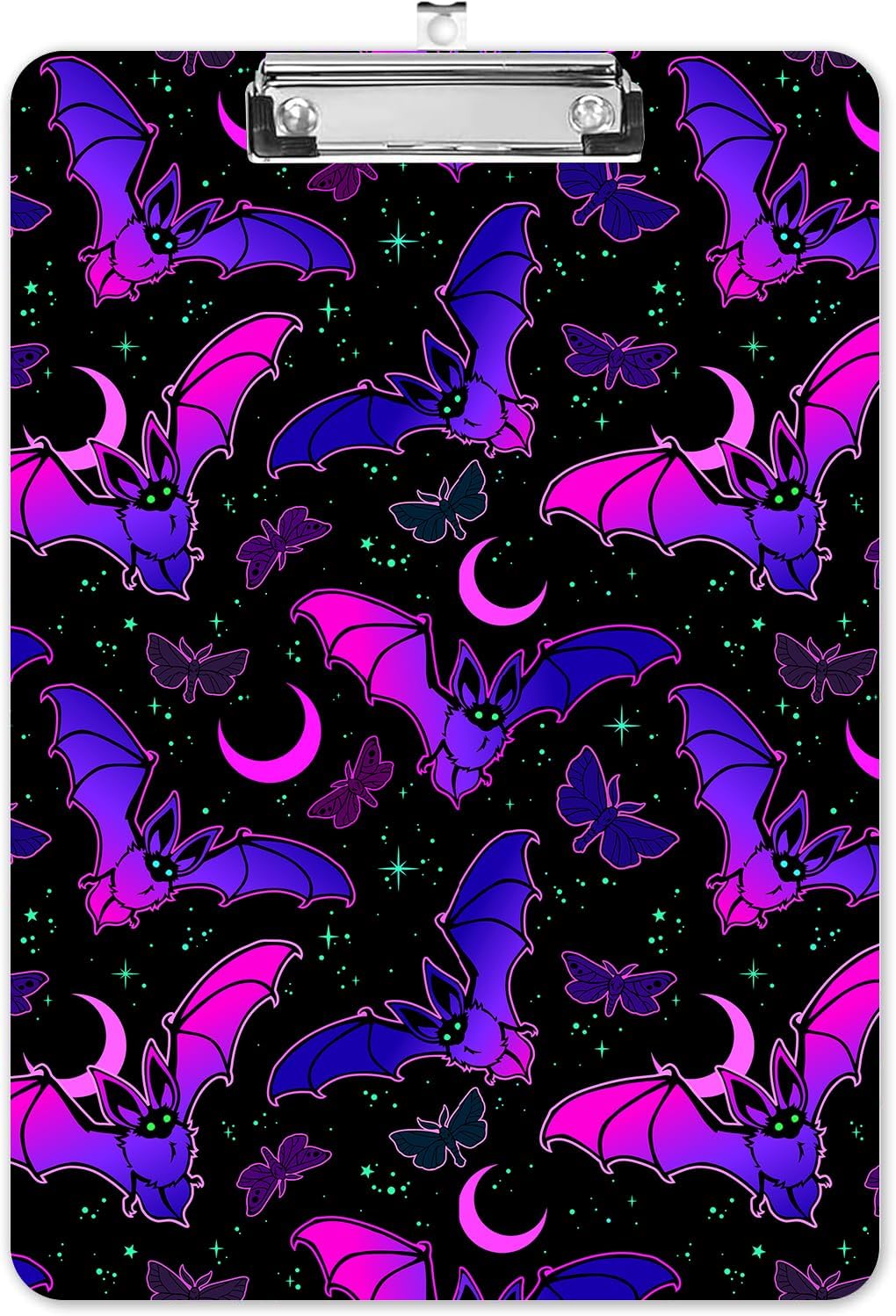 Fashion A4 Clipboard, Standard Letter Size 9" x 12.5", Decorative Wooden Clipboard with Low Profile Metal Clip for Office, School, Teachers, and Students, Purple Bat Gothic